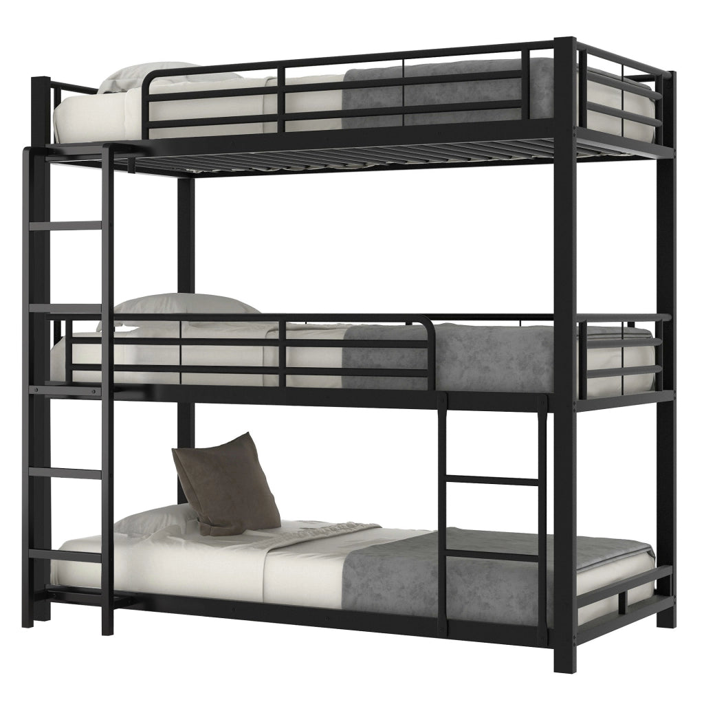 Letto a Castello 90×200 cm; Letto a 3 Posti con Sponde ed Scala Fissa; senza Materasso; Metallo; Nero
