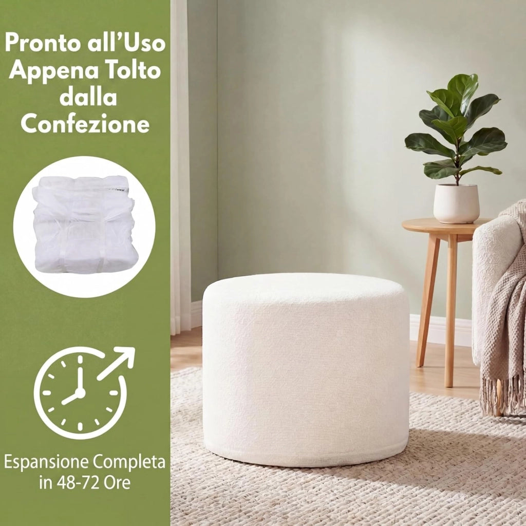 Pouf Ottomano Imbottito, Ø45 x 35 cm Poggiapiedi Rotondo con Tessuto in Filato Bouclé, Schiuma Morbida e Rivestimento Removibile, Poggiapiedi Divano per Camera da letto e Soggiorno, Beige