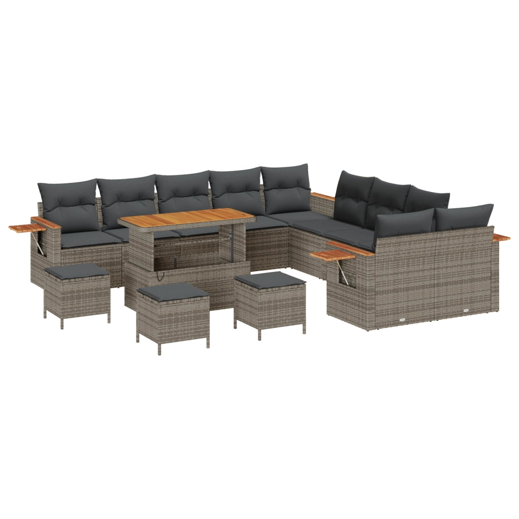 Set da Giardino in 14 Pezzi con Cuscini Grigio Polyrattan Acacia