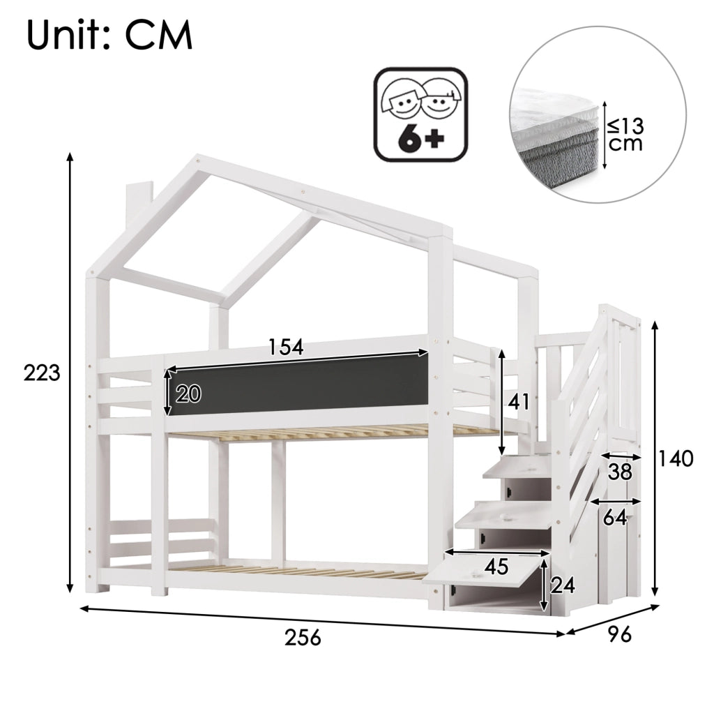 Letto a castello 90x200 cm a casetta con scala contenitore e lavagna in truciolare e legno bianco