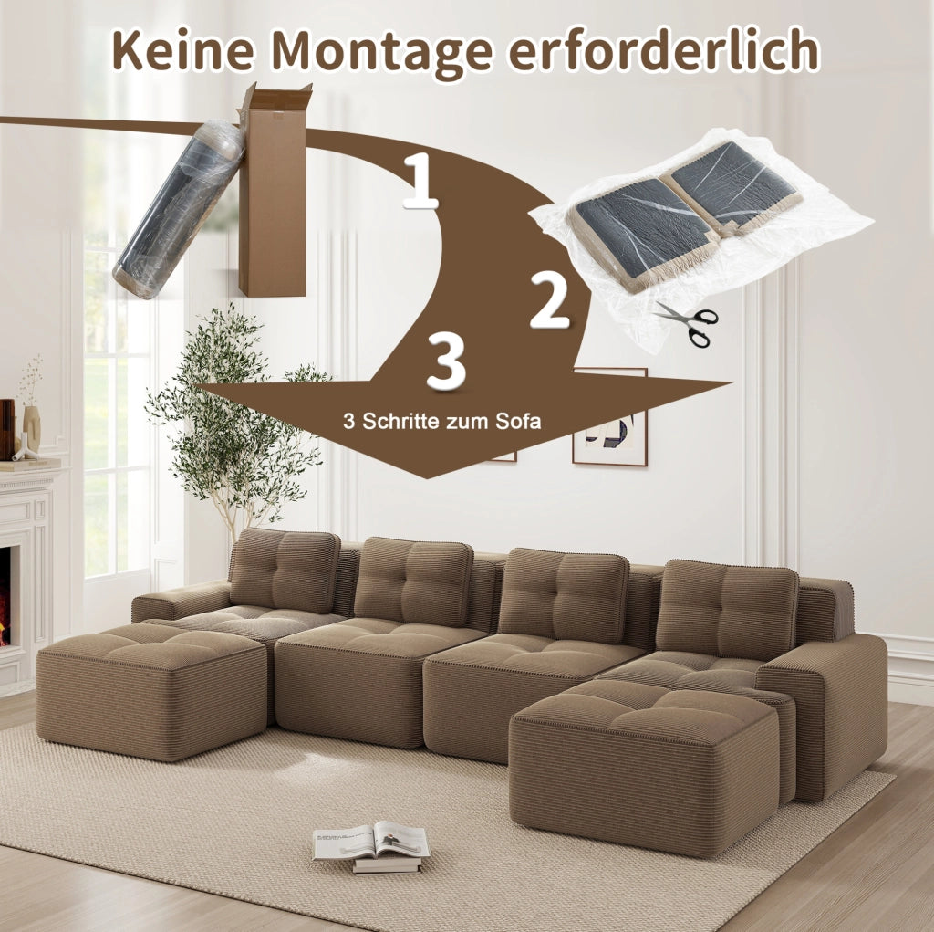 Divano modulare senza montaggio 382x177x69 cm in tessuto a coste marrone; seduta profonda