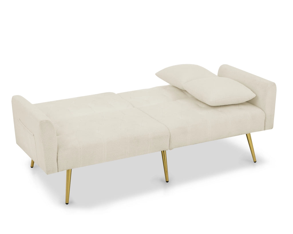 Divano a 2 posti con schienale regolabile a 3 posizioni, cuscini coordinati, in tessuto teddy beige