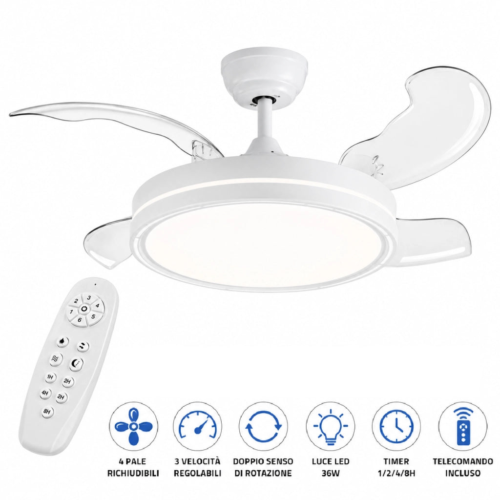 Ventilatore da Soffitto LED 106 cm Pale Richiudibili Telecomando Timer Bianco