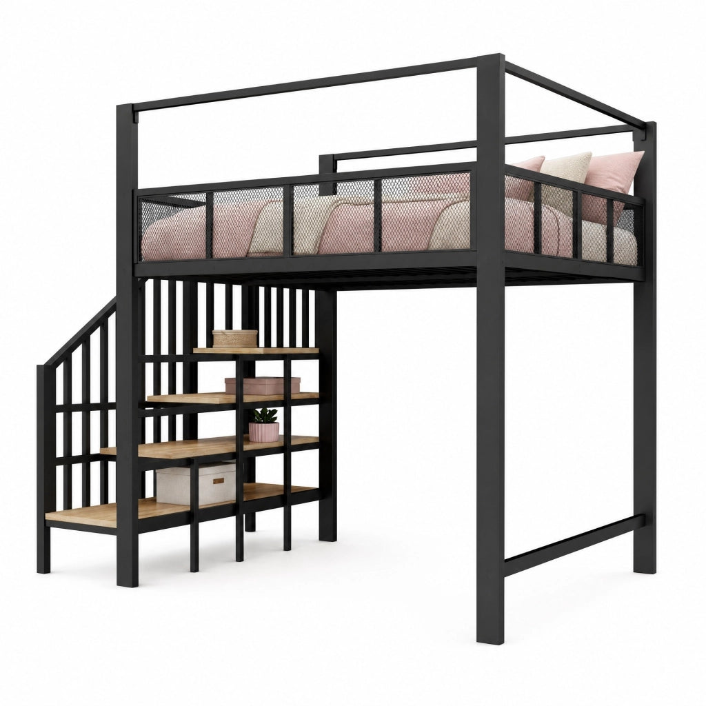 Letto a soppalco alto in metallo 140x200 cm con scala contenitore, baldacchino e rete di sicurezza, nero