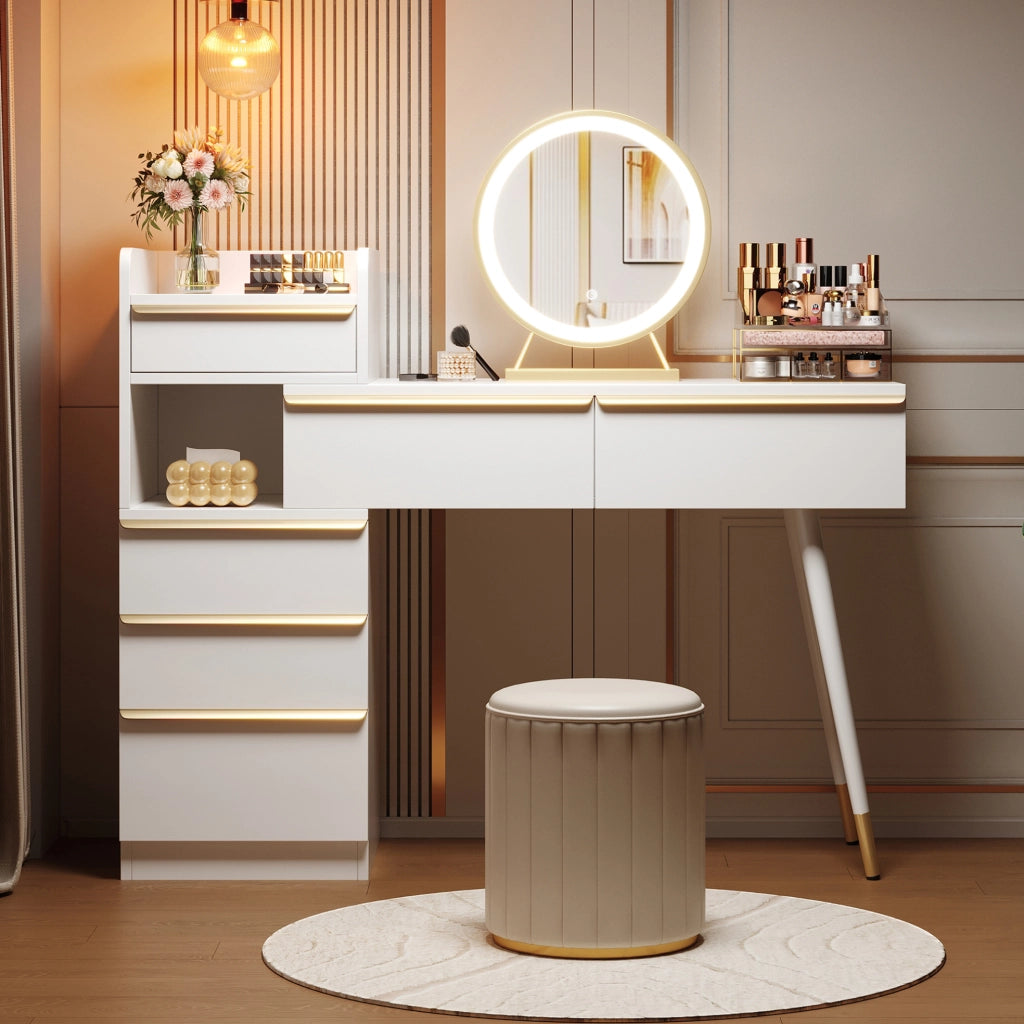 Toeletta 100x41.5x102 cm con specchio LED dimmerabile e 6 cassetti in truciolare bianco