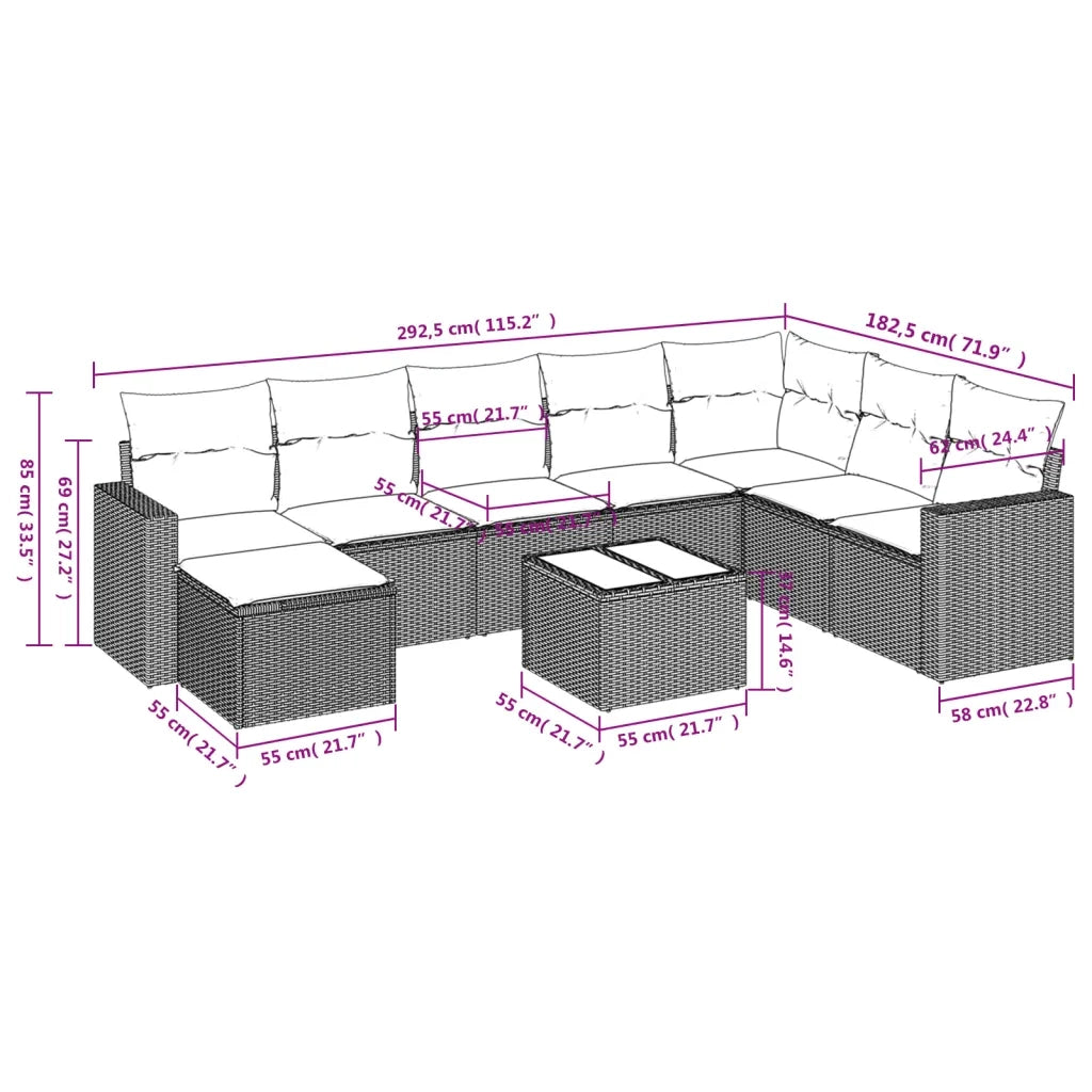 Set Divano da Giardino 9 pz con Cuscini Grigio in Polyrattan 3219360