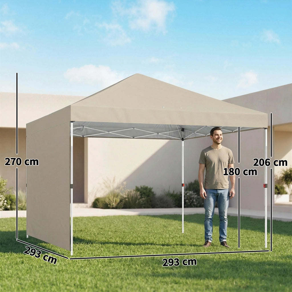 Gazebo Pieghevole Pop-Up 3x3 m con Parete Laterale, in Metallo e Tessuto Oxford, Beige