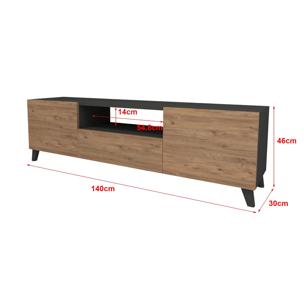 Mobile TV con ante e vano contenitore 46 x 140 x 30 cm effetto antracite/rovere 03_0007870