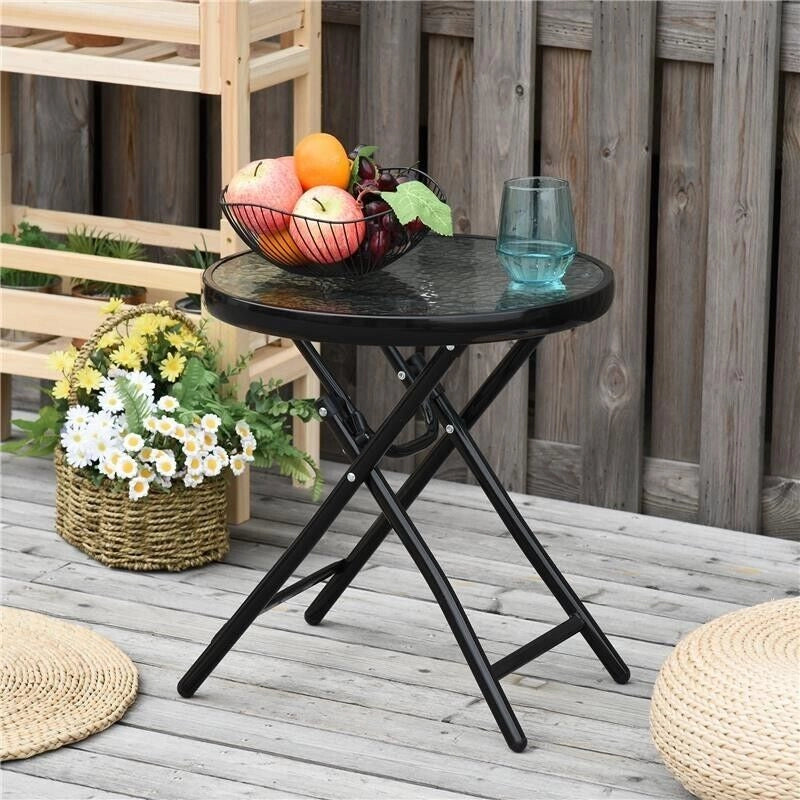TAVOLO DA GIARDINO PIEGHEVOLE IN METALLO CON RIPIANO IN VETRO 45 X 50 CM NERO