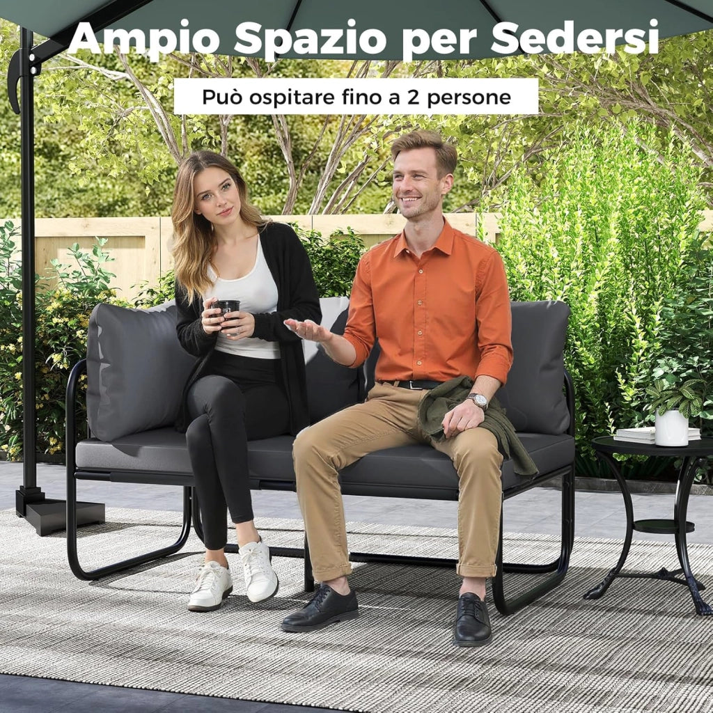 Divano da Esterno a 2 Posti, Divano con Cuscini Rimovibili, Bracciolo Laterale, Struttura in Metallo Robusta, Lettino Prendisole per Giardino Balcone, Portata 300 kg