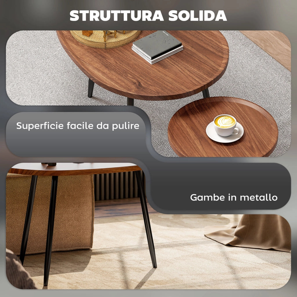 Set 2 Tavolini da Salotto Sovrapponibili in Legno e Metallo, Colore Legno Scuro