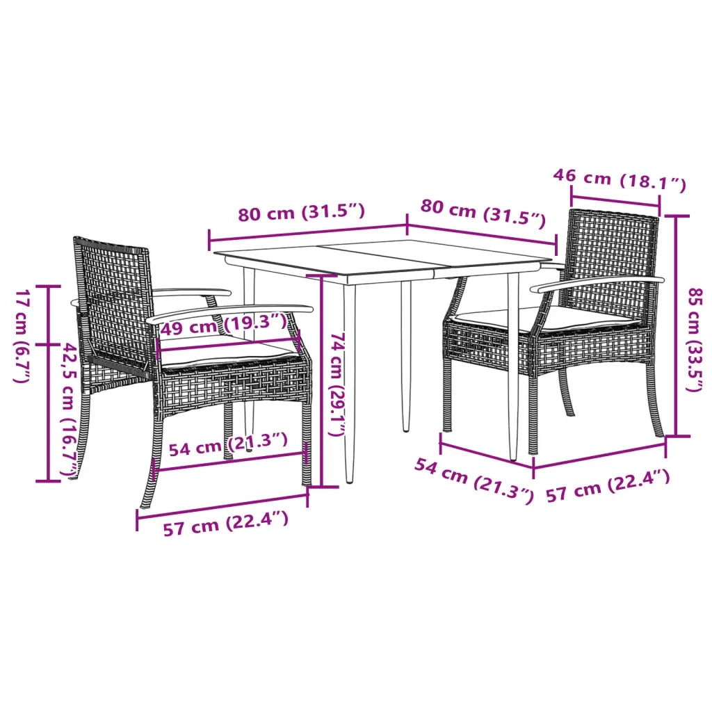 Set da Pranzo da Giardino 3 pz | Set Salotto da Giardino con Cuscini in Polyrattan Grigio