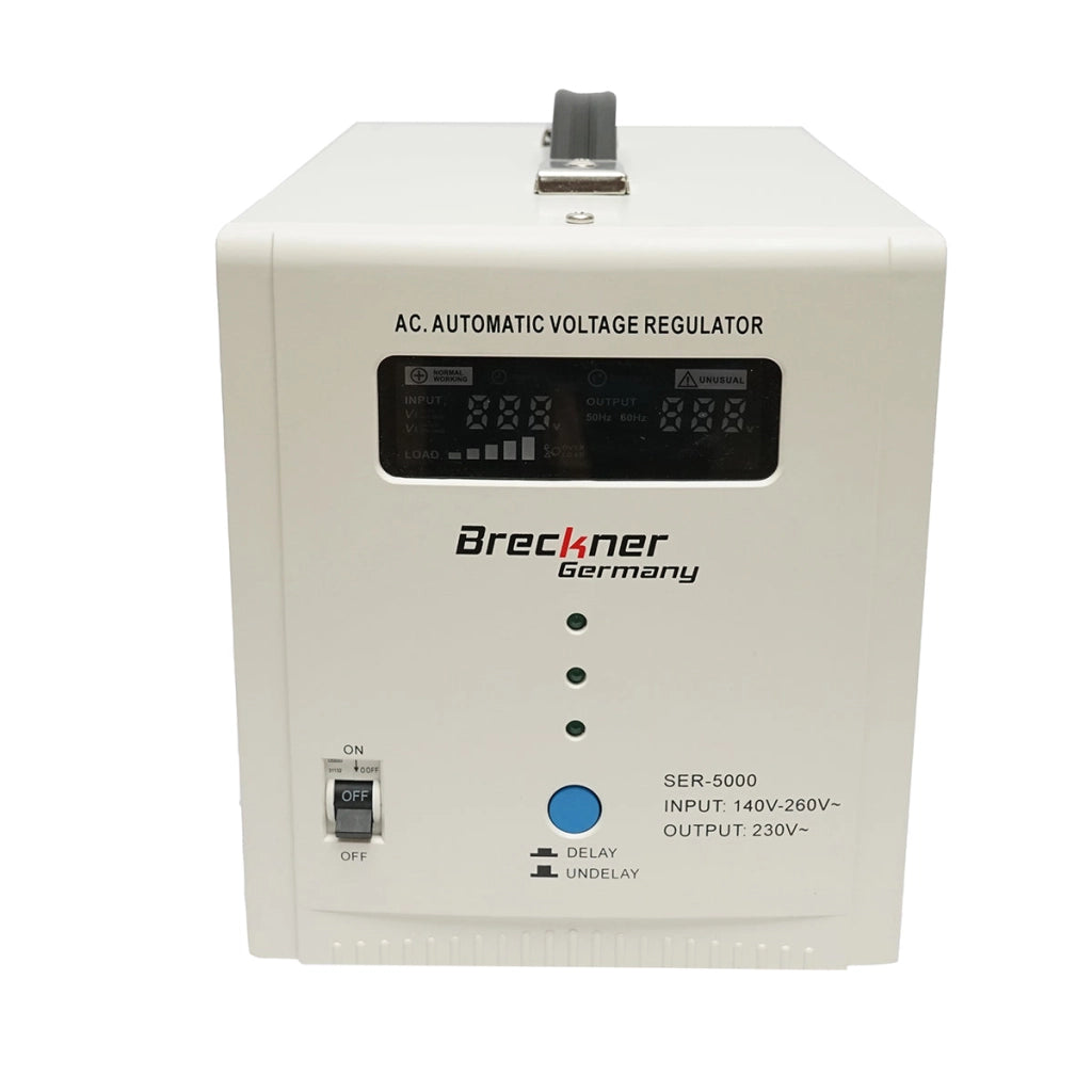 Stabilizzatore di tensione automatico 5000VA con relè monofase, 2 prese schuko 230V, display LCD Breckner Germany