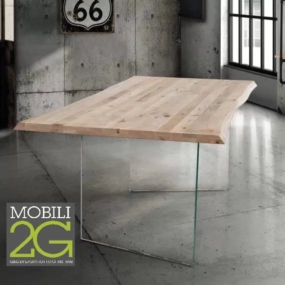 Tavolo fisso in legno rovere massello 180x90  spessore 4 cm e gambe in vetro (810) - Mobili 2G