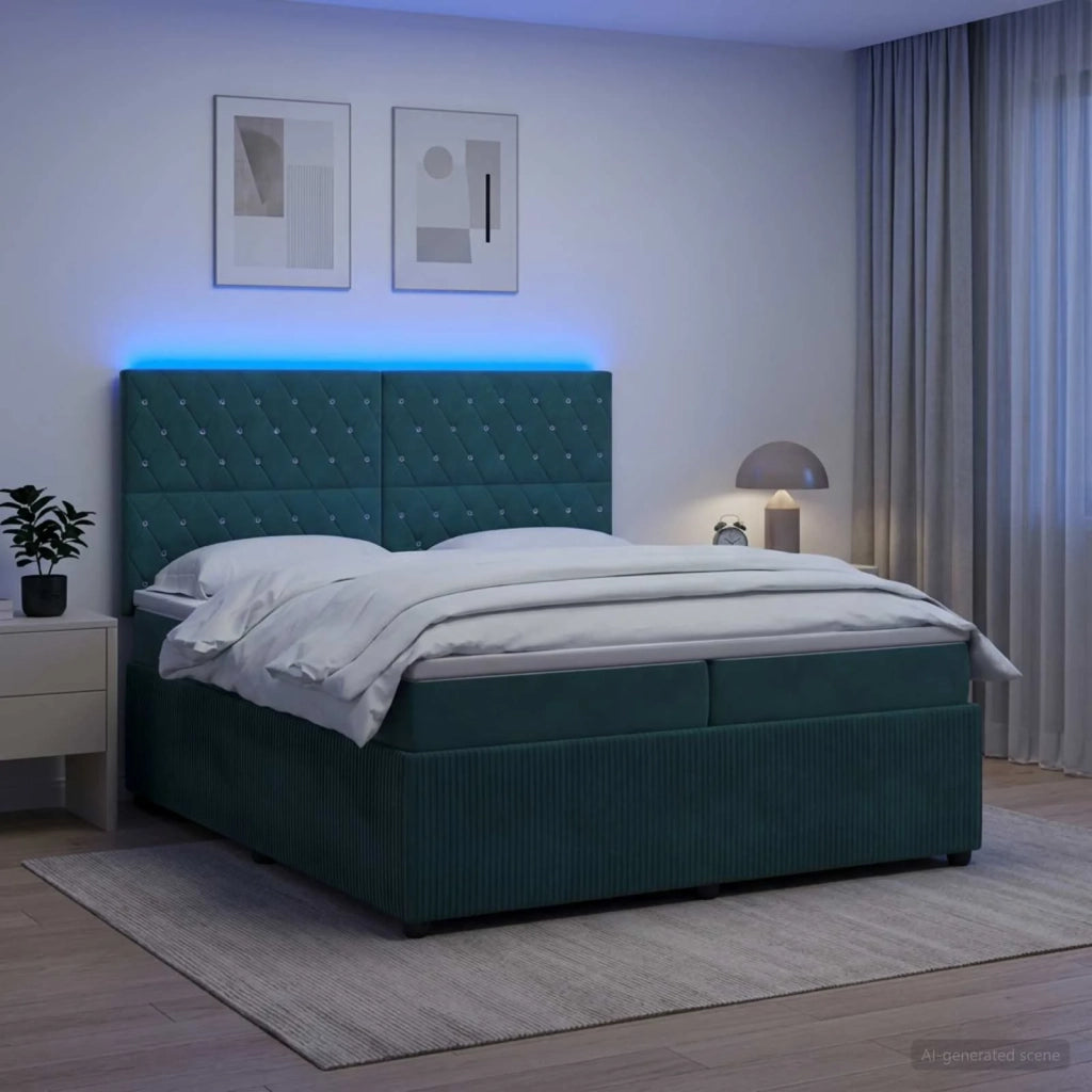 Letto Box Spring LED con Materasso Verde Scuro 200 x 200 cm 3456134