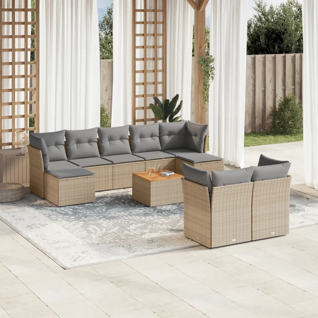 Set Divano da Giardino 10 pz con Cuscini Beige in Polyrattan
