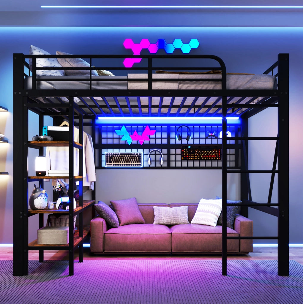 Letto a soppalco 140x200 cm in metallo e MDF nero con LED; ripiano e griglia portaoggetti