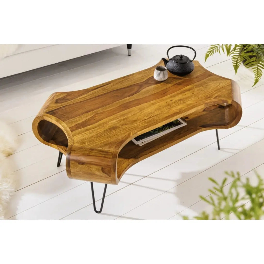 Tavolino basso NERA 100 cm in legno massello di Sheesham con nicchia – stile retrò industriale