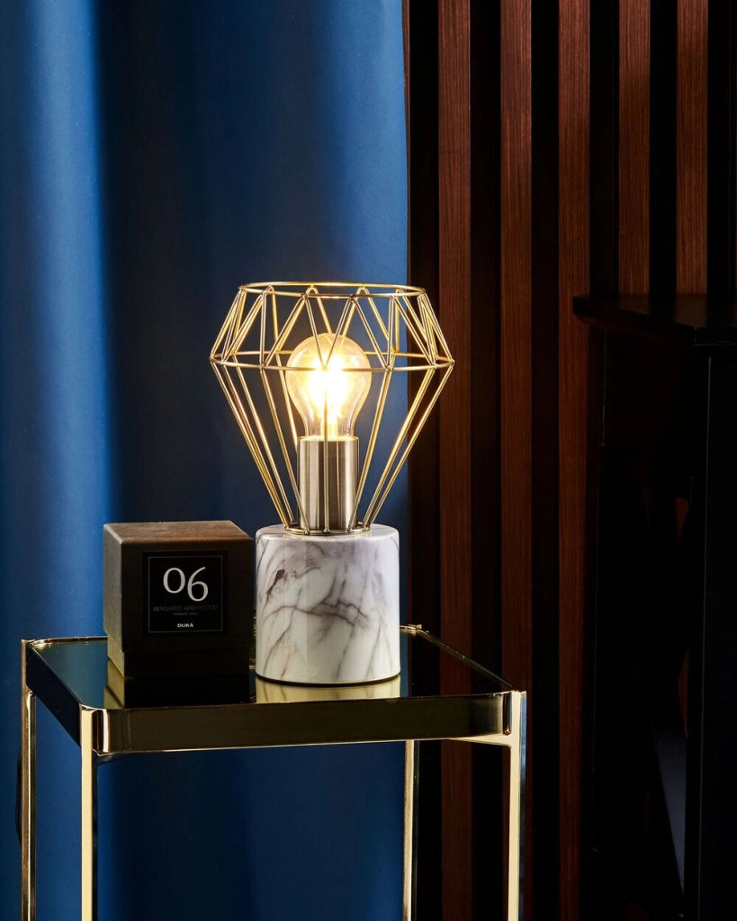 Lampada da Tavolo Lampada da Comodino Ottone Metallo Diamante Gabbia Paralume Base Rotonda Effetto Marmo