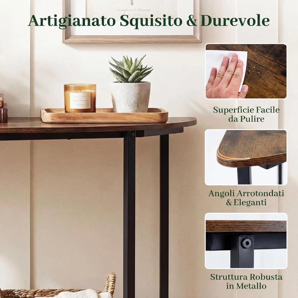 Consolle Ingresso 100 cm, Tavolo d’Ingresso a Forma di Mezzaluna con Doppio Ripiano Aperto, Tavolo Consolle Sottile e Salvaspazio per Salotto, Corridoio e Entrata