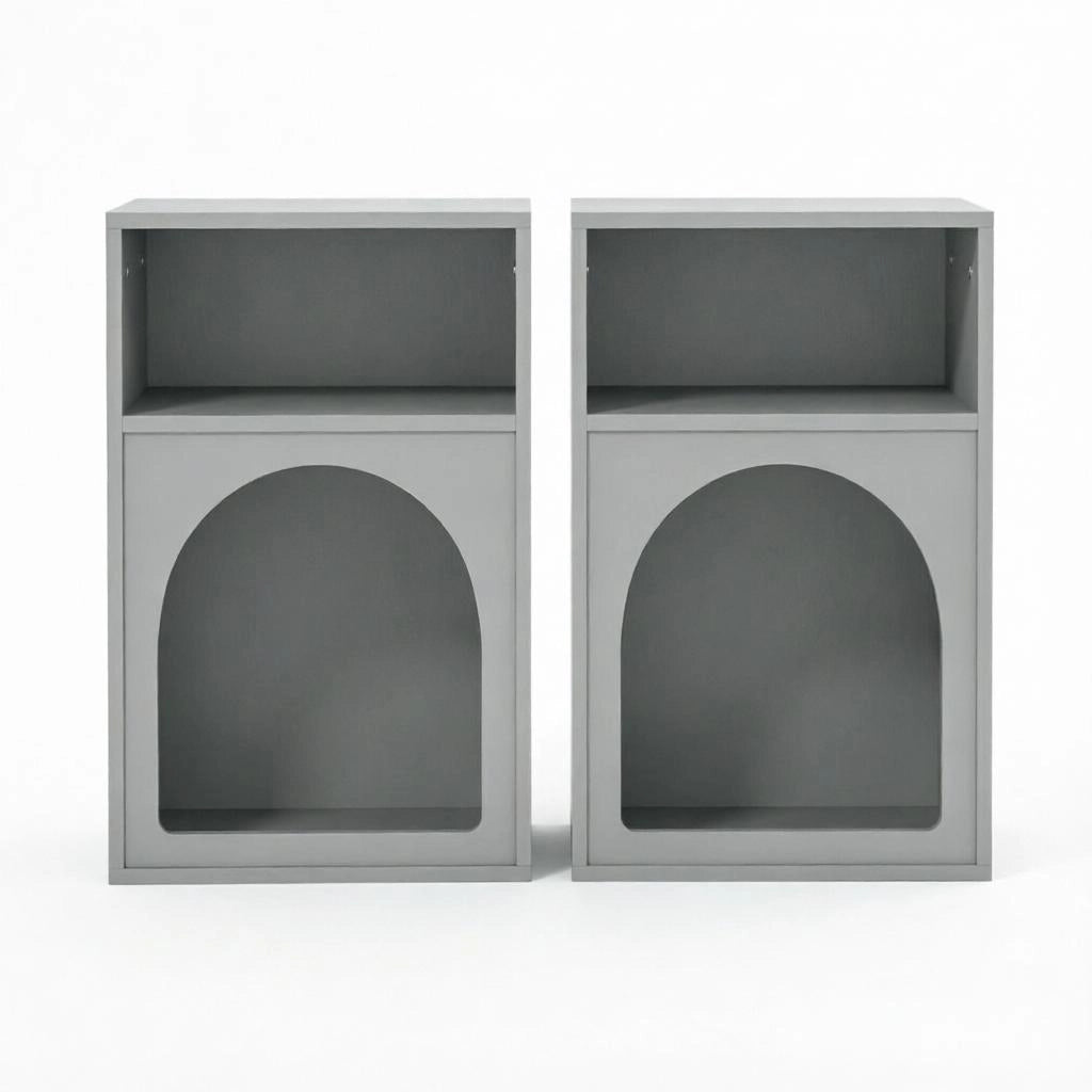 Set di 2 comodini in MDF grigio con 2 vani aperti, design ad arco, 40x30x60 cm