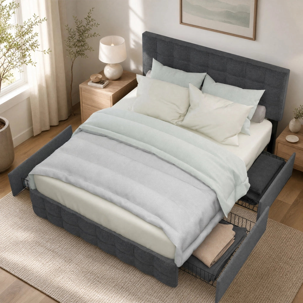 Letto imbottito matrimoniale 140x200 cm con 4 cassetti; testiera regolabile; grigio