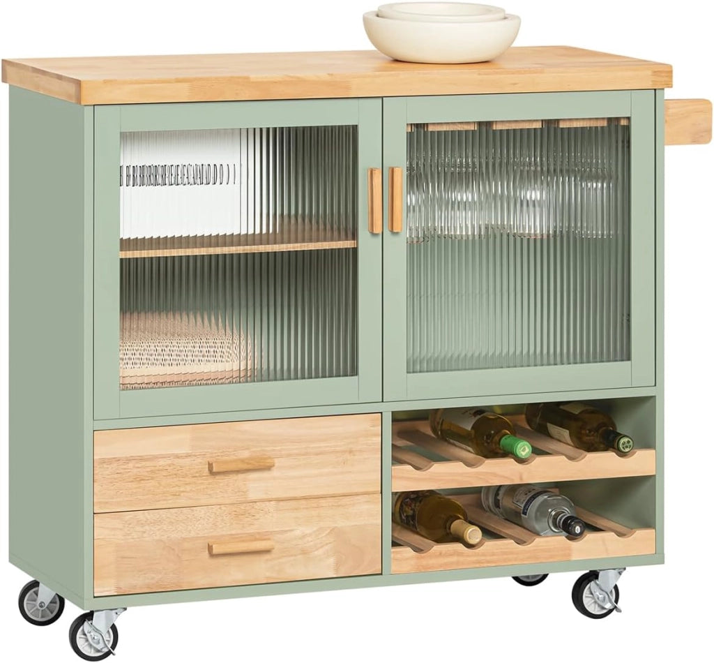 Carrello da Cucina con Ruote Isola Cucina con Piano di Lavoro in Legno Carrello Salvaspazio per Sala da Pranzo Verde e Naturale 109 × 40 × 92 cm FKW114-GR