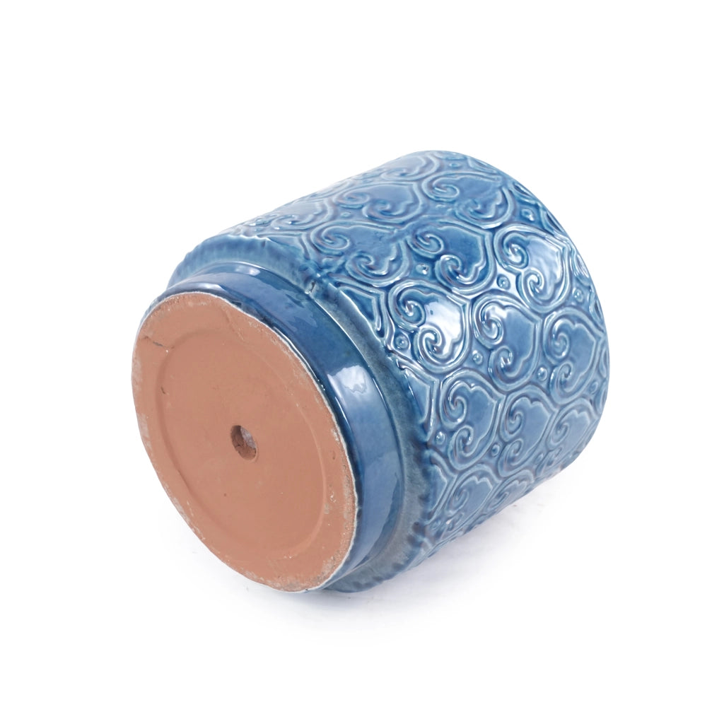 Vaso in ceramica blu lucida Ø31,5 cm con rilievo floreale, drenaggio e finitura artigianale