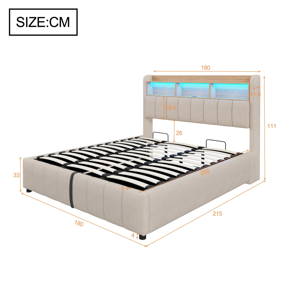 Letti contenitori 180x200 cm con LED e contenitore; lino; beige