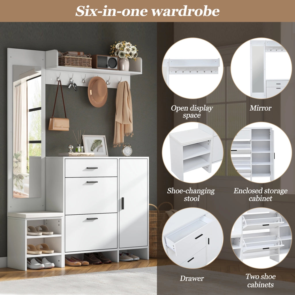 Mobile ingresso con specchio, panca, 6 ganci, 1 cassetto, 2 ante ribaltabili e 4 vani, in MDF bianco, 140 × 30 × 200 cm