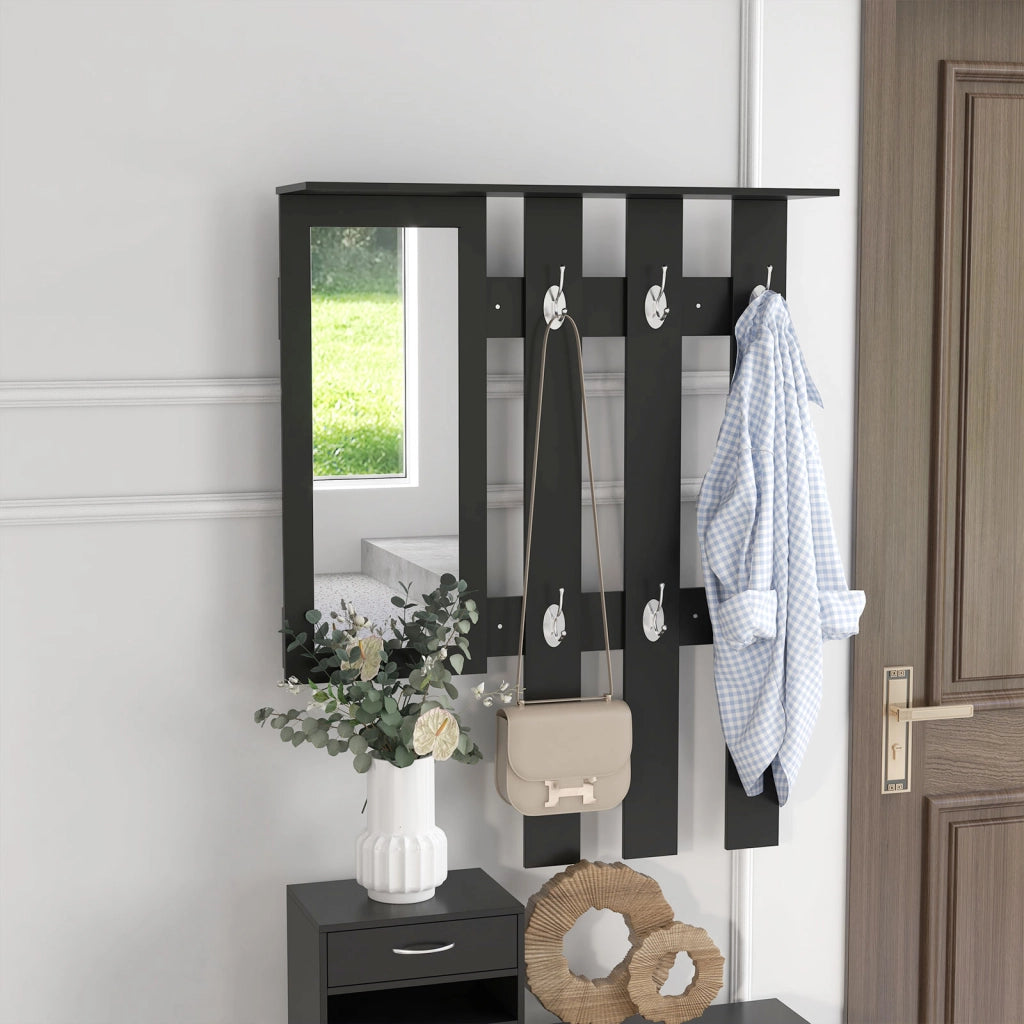 Mobile da Ingresso Appendiabiti con Scarpiera e Specchio, in Truciolato, 90x10x102 cm, Nero