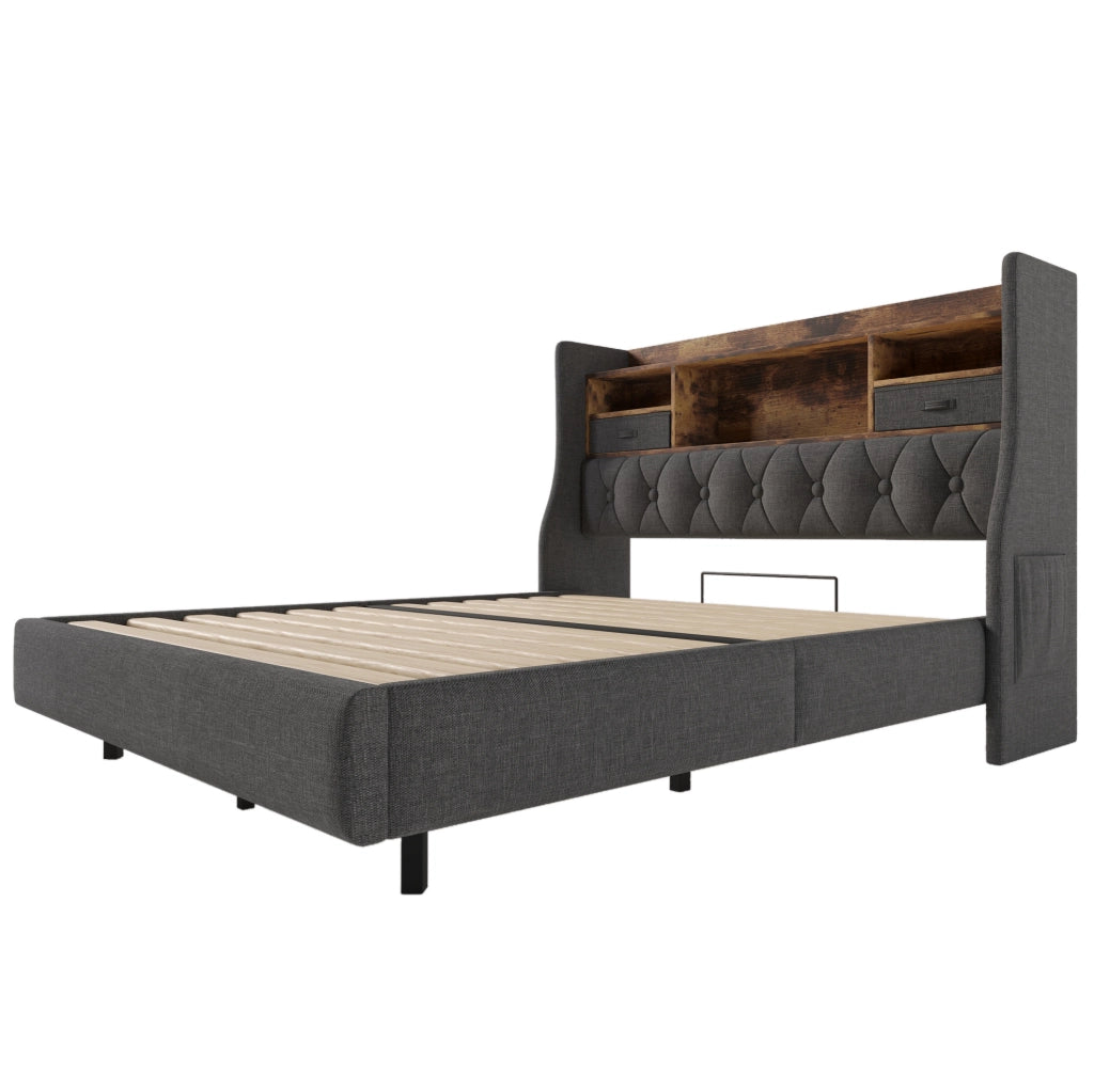 Letto matrimoniale 140x190 cm con LED; testiera portaoggetti e ricarica USB in lino grigio