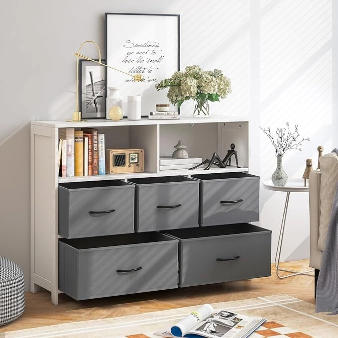 Cassettiera in Tessuto, Cassettiera con 5 Cassetti e 2 Ripiani Aperti, con Contenitori in Tessuto e Ampio Piano, per Camere da letto, Soggiorno e Ingresso, 100 x 30 x 78 cm