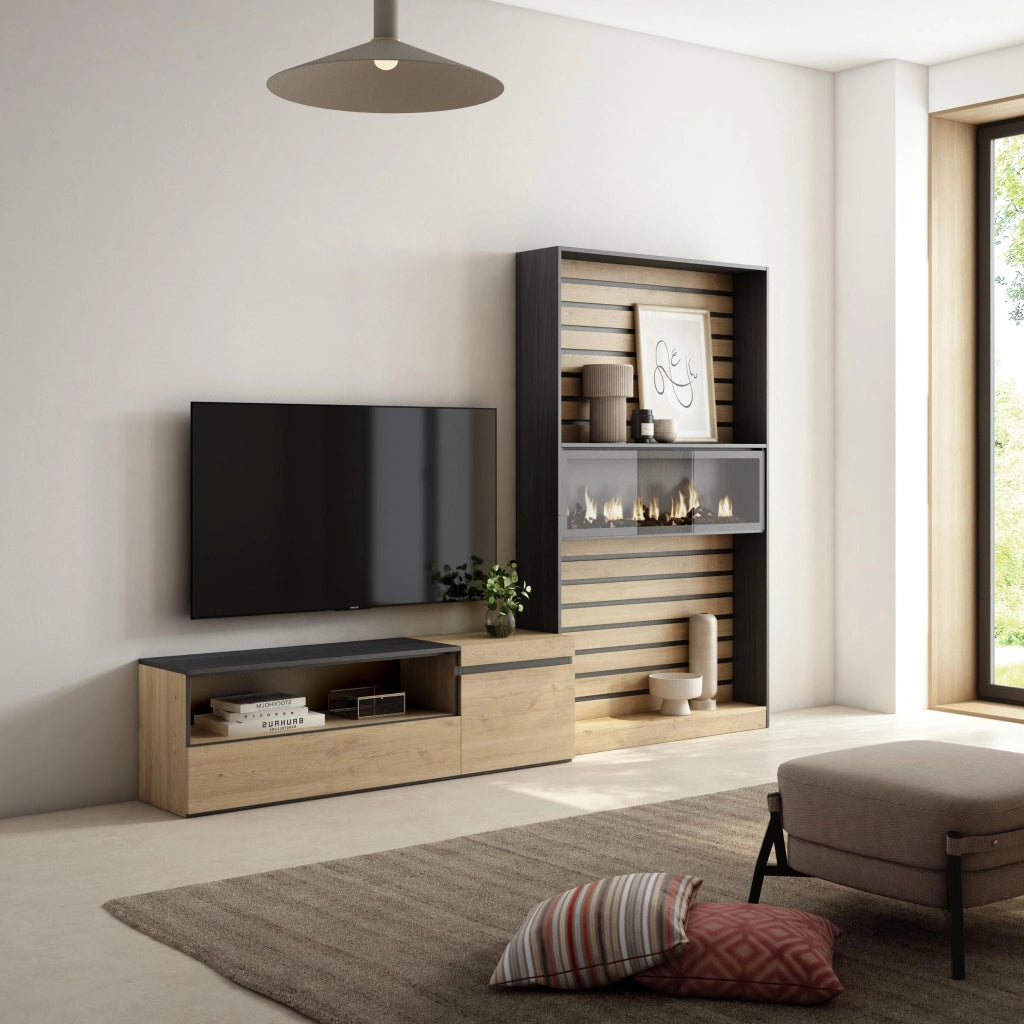 Mobile TV, Soggiorno, 260x35x186cm, Per TV fino a 65", Camino elettrico, colore Rovere e nero RF2537