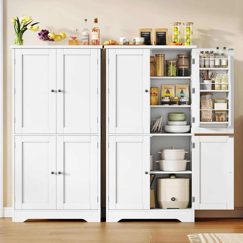 Mobile Dispensa Cucina larghezza 60 cm, Armadio 4 Ante altezza 130 cm con Ripiani Regolabili e Portaspezie Integrata, Credenza Alta per Cucina, Soggiorno, Bianco