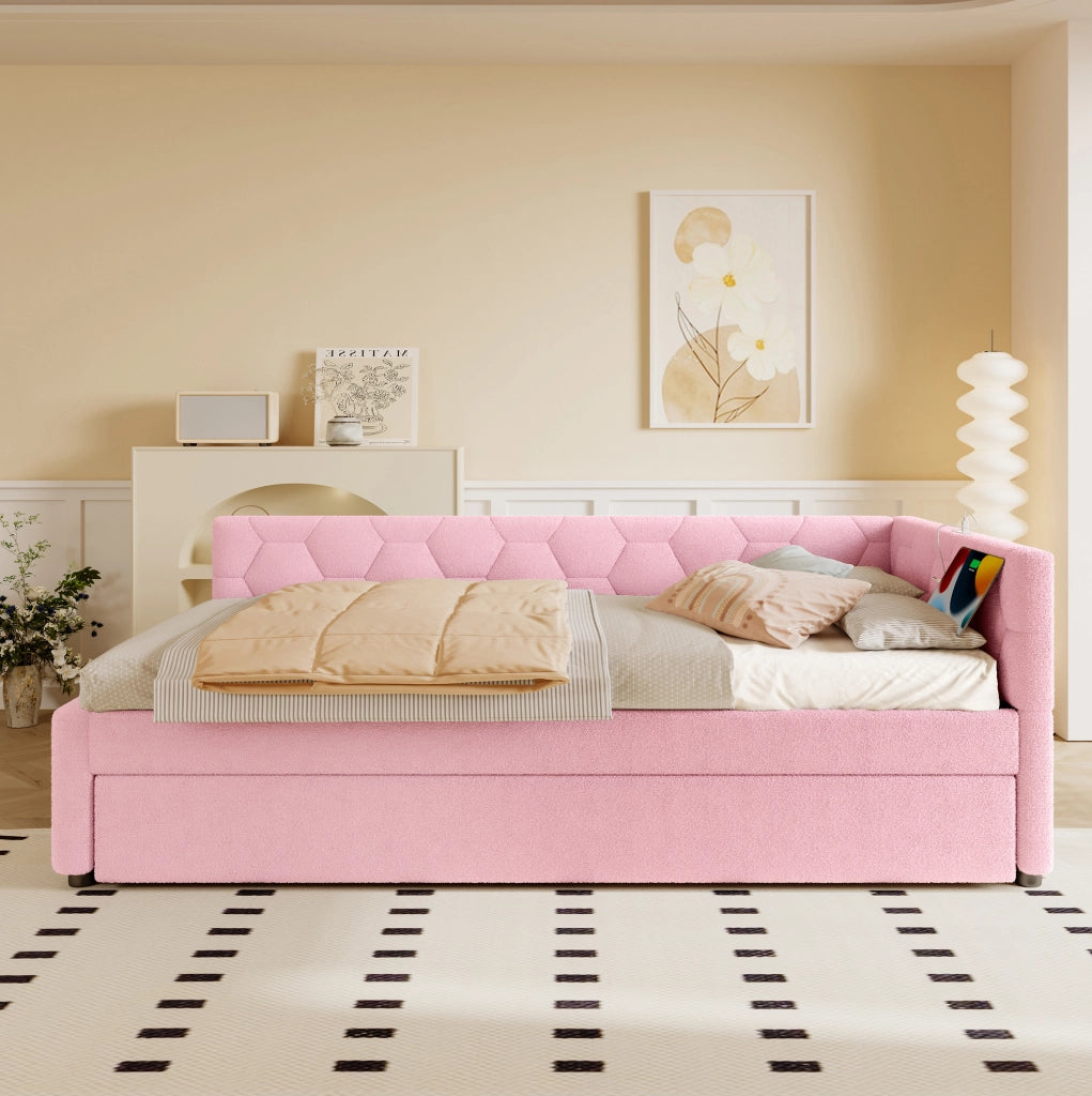 Letto 90x200 cm con letto estraibile; USB e Type-C; lampada da comodino
