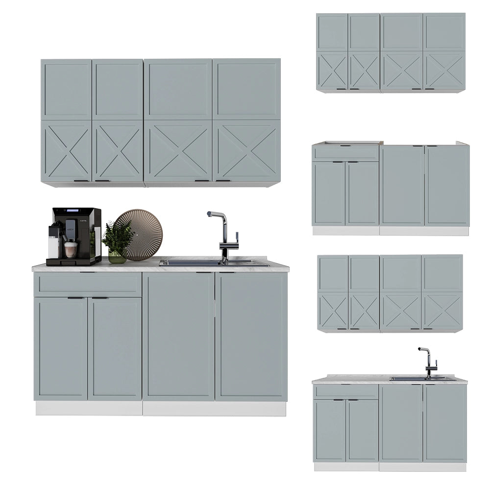 Cucina completa Fame-Line Blu-grigio chiaro/Bianco 140 cm, PL Marmo Vicco