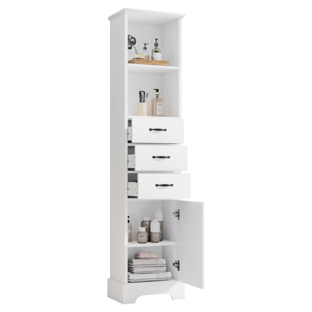 Mobile bagno bianco 38 x 26 x 172,5 cm con 3 cassetti, ripiani regolabili e anta