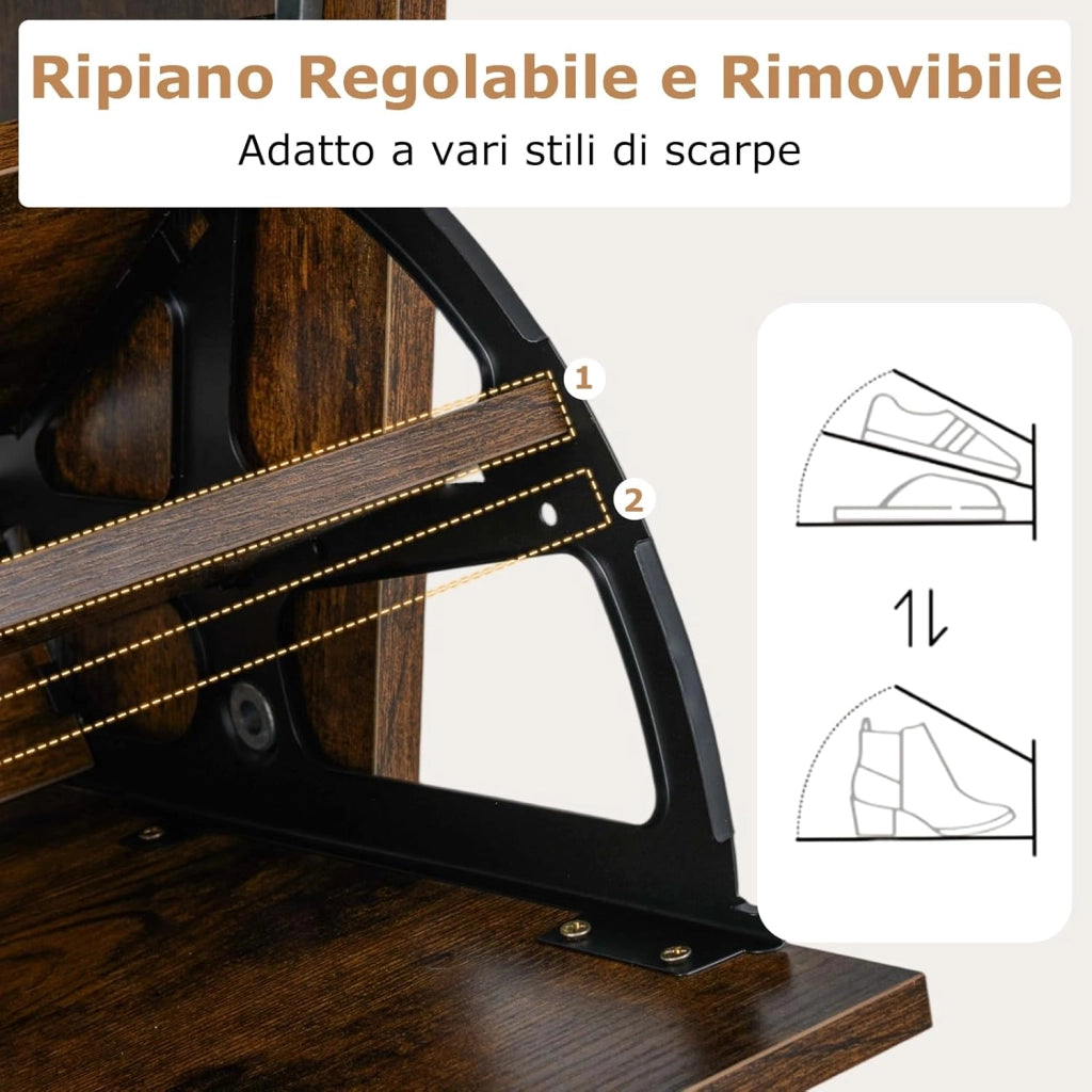 Scarpiera Slim in Legno, Portascarpe a 4 Livelli con 2 Cassetti a Ribalta, con Ripiano Aperto, Mobile Porta Scarpe per Ingresso Corridoio, 60x24x102 cm (Marrone)