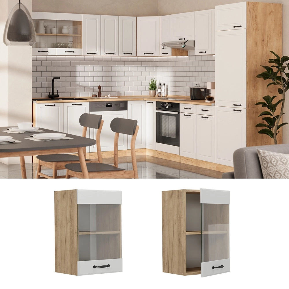Mobile da cucina in vetro R-Line Bianco rustico/Rovere dorato 40 cm Vicco