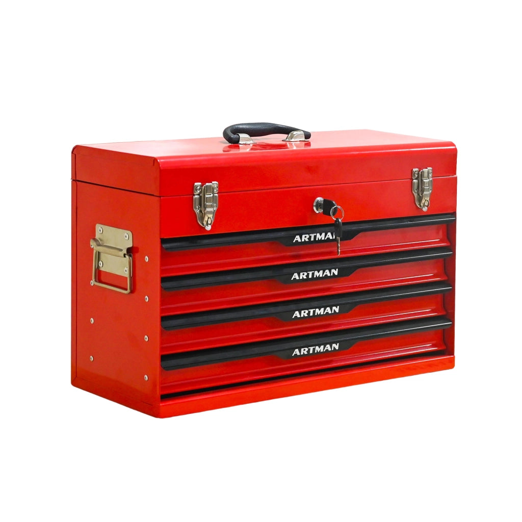 Cassettiera in acciaio con 3 cassetti e vano superiore; serratura; per officina e garage; rosso e nero; 60×29.5×42 cm