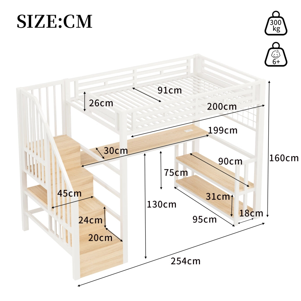 OKWISH Letto a soppalco 90×200 cm, Letto Singolo con LED Regolabile, Scrivania, Mensole e USB e Tipo C, senza Materasso, Metallo, Bianco