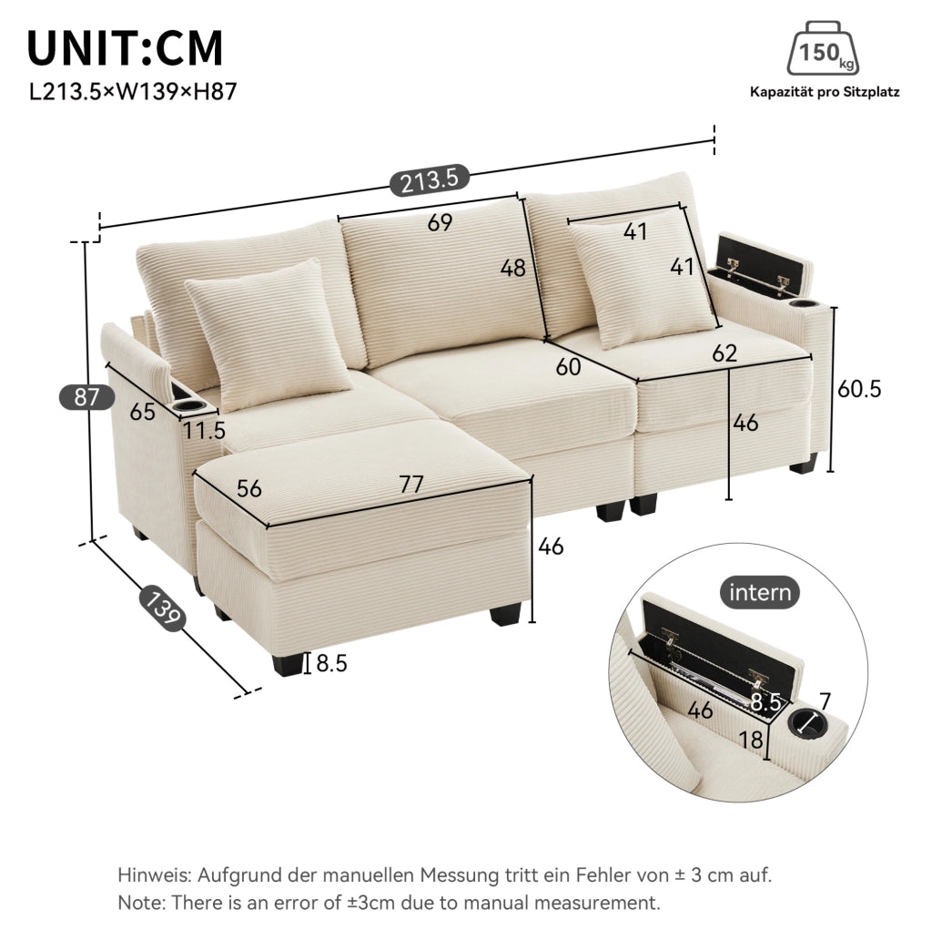 Divano angolare 213.5x139x87 cm con USB; portabicchieri; ripiano bracciolo e 2 cuscini in corduroy beige