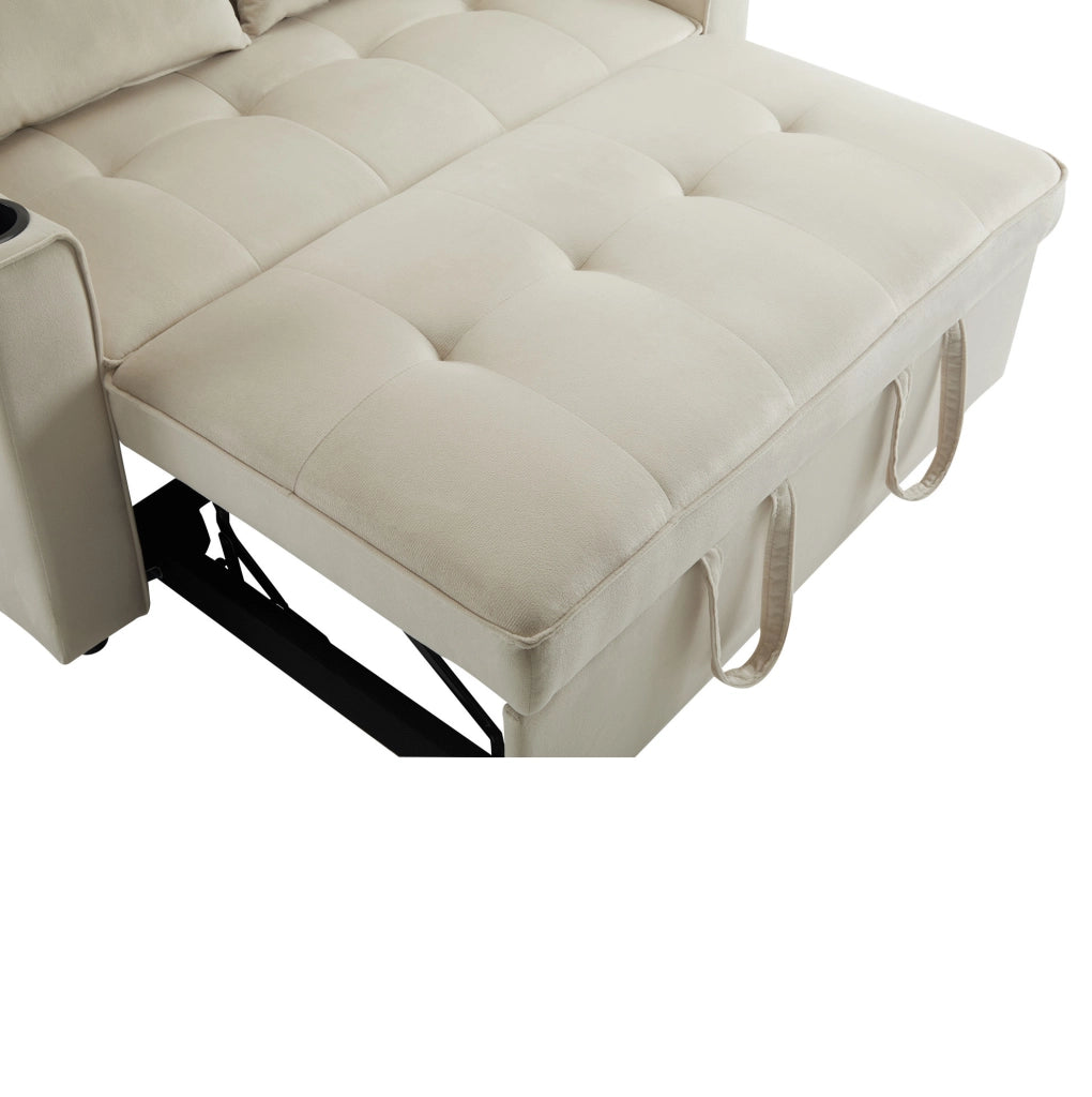 Divano letto multifunzione con portabicchieri e tasche in velluto beige