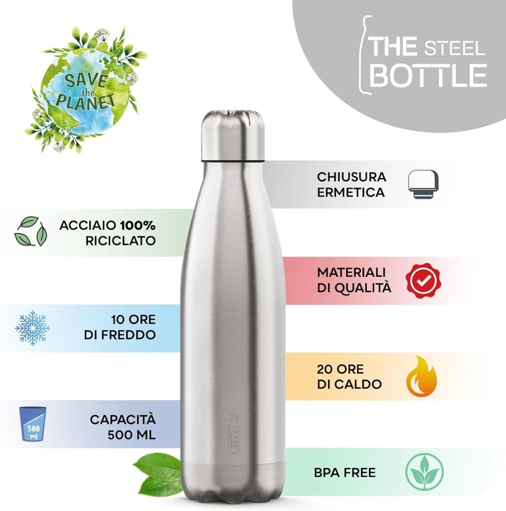 The Steel Bottle Bottiglia termica in Acciaio Inox Capacità 500 ml Chiusura Ermetica - Argento