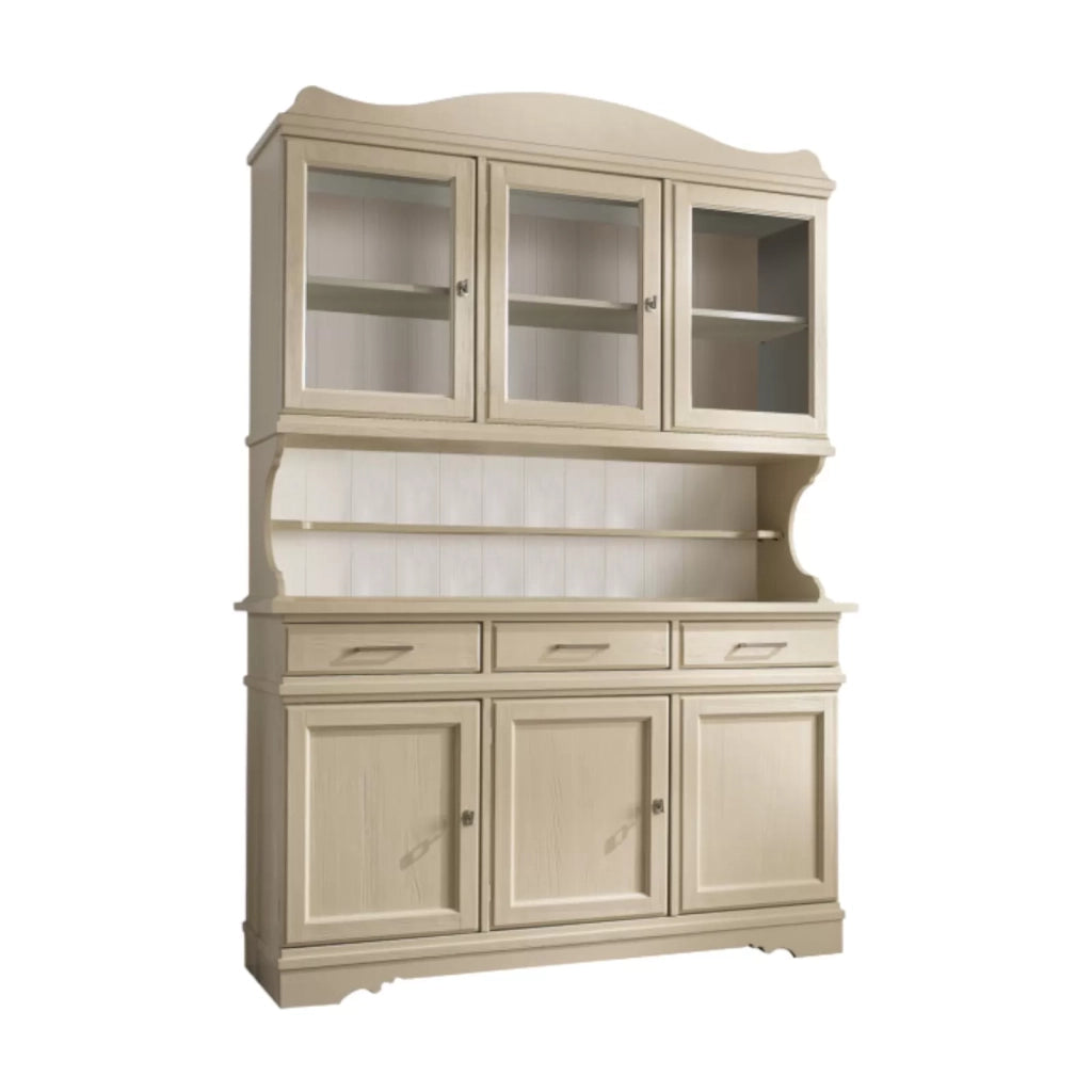Cristalliera shabby in legno massello 6 ante 3 cassetti avorio opaco l.155 p.52 h.213 - Mobili 2G