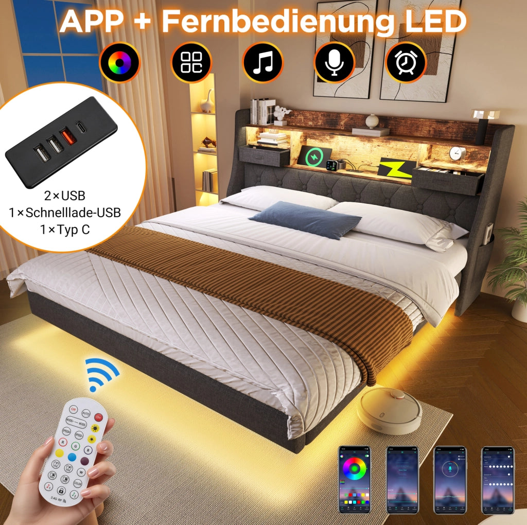 Letto matrimoniale 160x200 cm in lino grigio con LED; prese USB e contenitore testiera