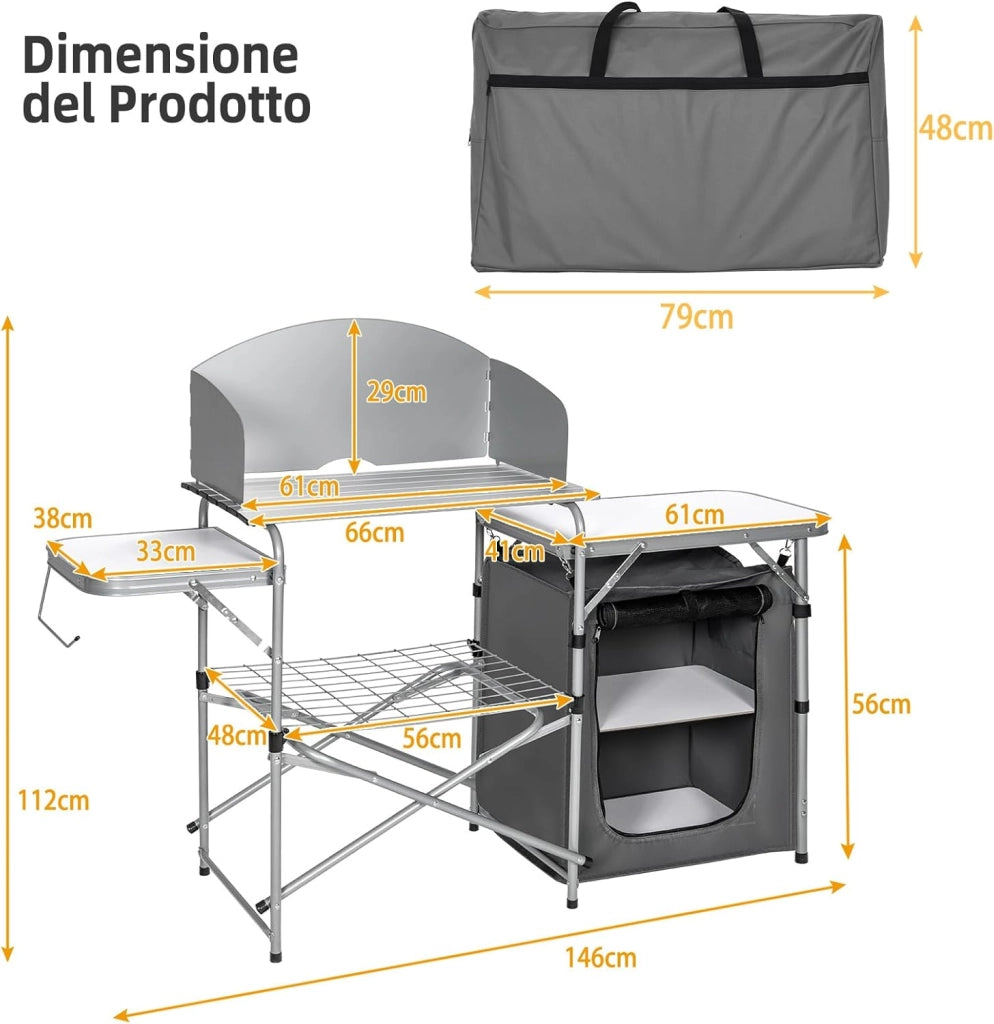 Tavolo da Campeggio all'Aperto con Portaoggetti, Borsa di Stoccaggio per il Trasporto, Tavolo da Griglia Pieghevole e Portatile per Feste BBQ, Campeggio, Grigio