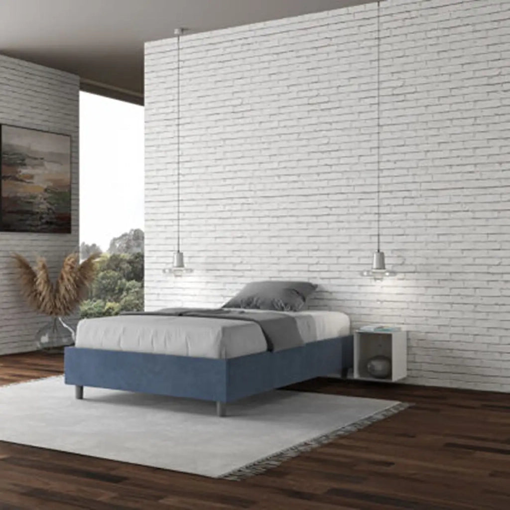 Letto matrimoniale francese contenitore imbottito 140x210 microfibra blu Azelia
