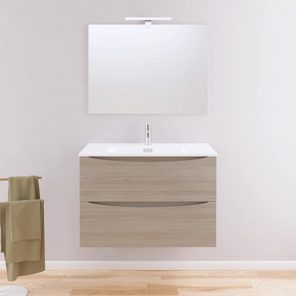 Mobile da bagno sospeso 90cm rovere chiaro con lavabo e specchio | Aspen
